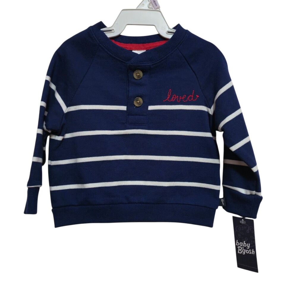 Baby B'Gosh Sweatshirt 9 Months Blue With White Stripes Embroidered "Loved" NEW
